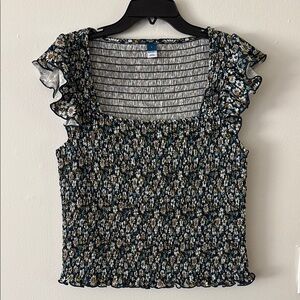Old Navy Blue Floral Smocked Square Neck Ruffle Sleeve Top New size large